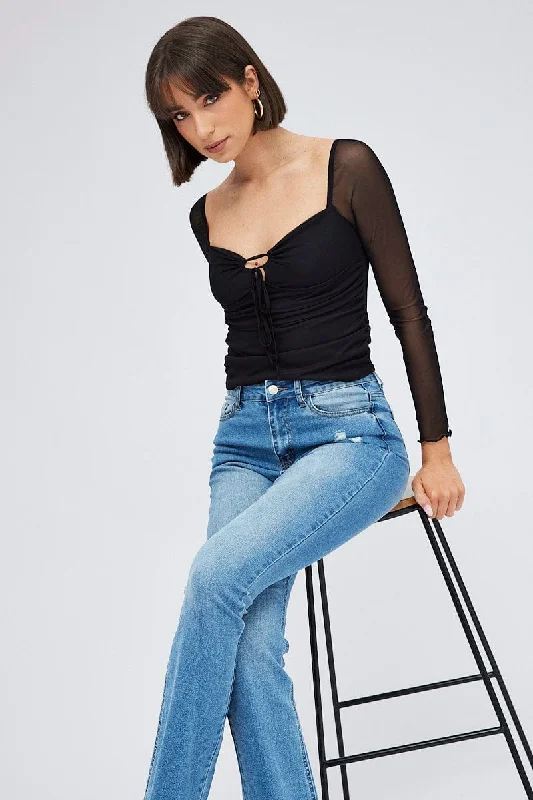 Black Top Long Sleeve Sweetheart Keyhole Ruched Mesh