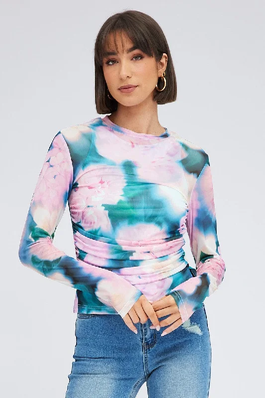 Pink Abstract Top Long Sleeve Crew Neck Longline Ruched Mesh