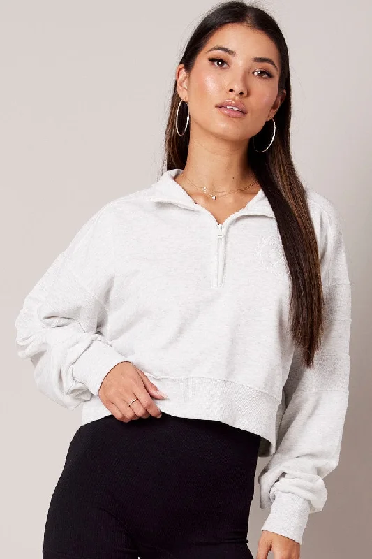 Grey Zip Up Sweater Crop Long Sleeve High Neck