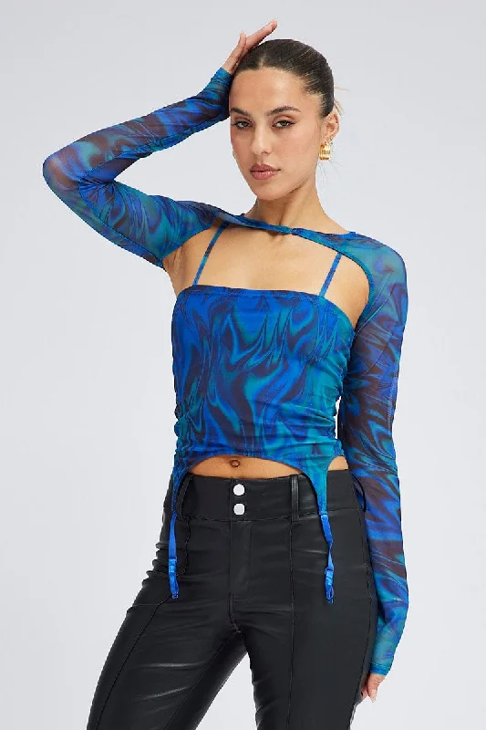 Blue Abstract Garter Corset Shrug Long Sleeve Mesh