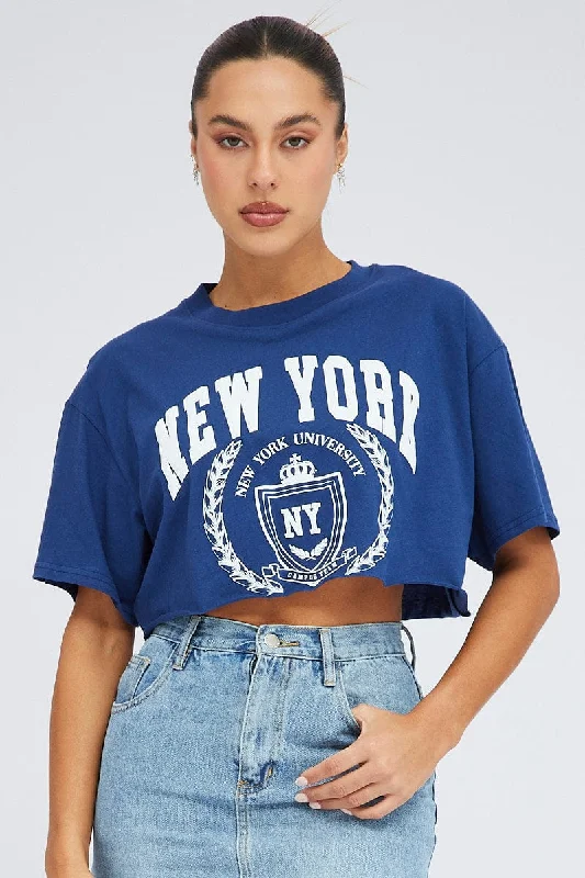 Blue Crop T Shirt Short Sleeve Crew Neck New York