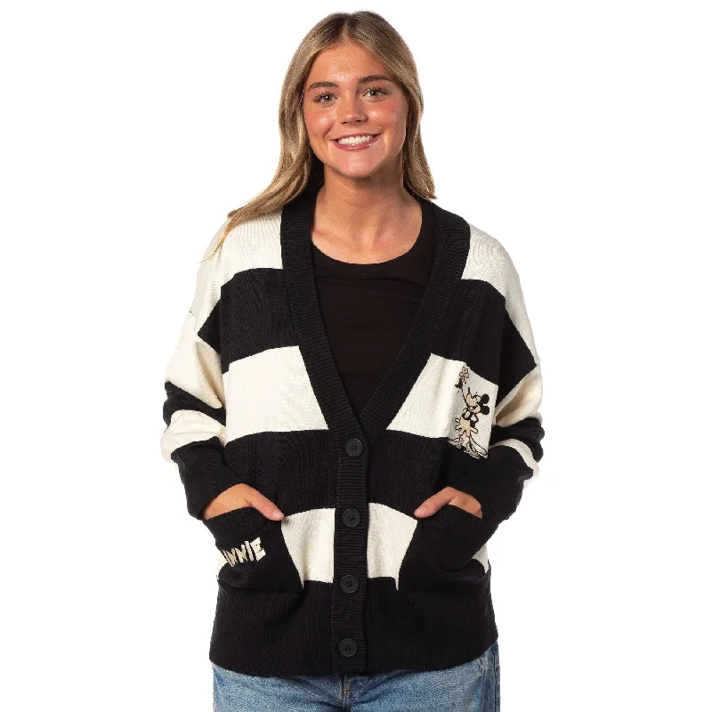 Disney Woman's Minnie Mouse Vintage Black and Off-White Striped Button Long-Sleeve Adult Cardigan Sweater