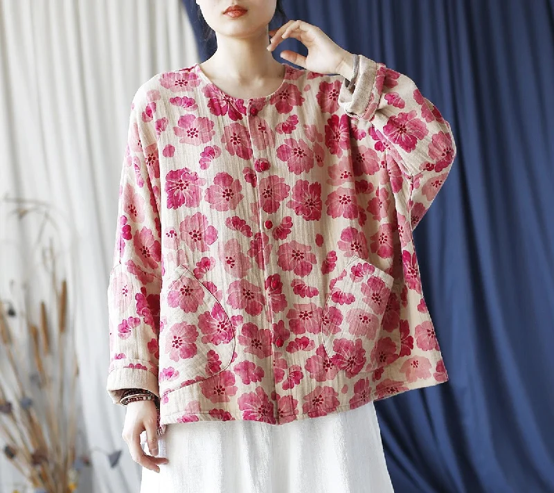 Loose Floral Printed Cotton Coats for Women