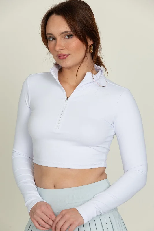 White Athletic Half-Zip Crop Top