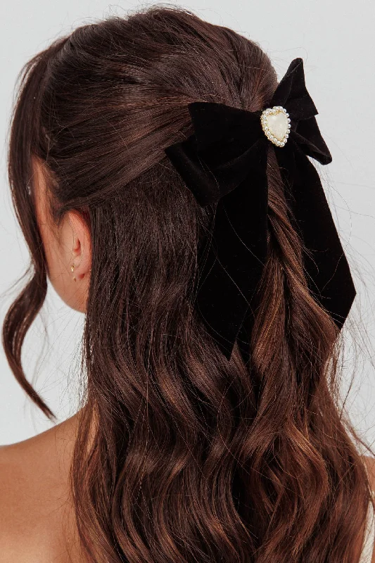 Michala Pearl Heart Velvet Bow Hairpin