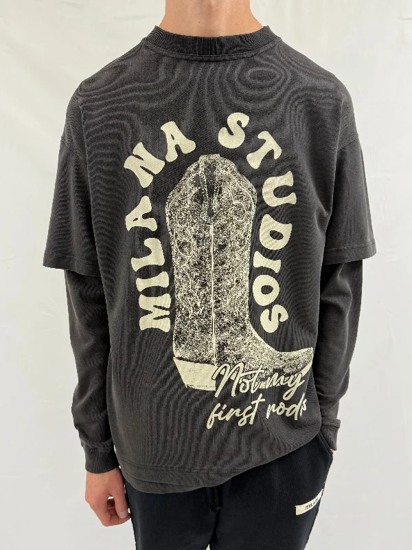 Washed Black Rodeo Boot Heavyweight T-shirt Long Sleeve.