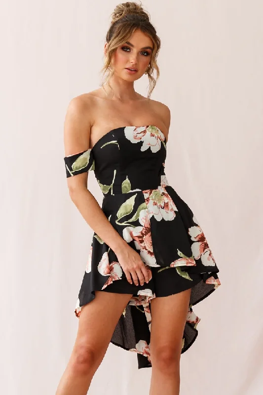 Jessa Off the Shoulder High Low Floral Romper Black