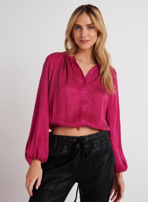 Shirred Button Front Blouse - Fuchsia Berry