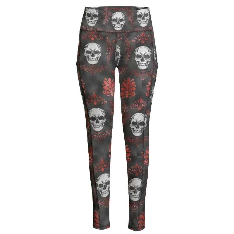 Women's White Skulls Red Floral Yoga Leggings With Side Pockets