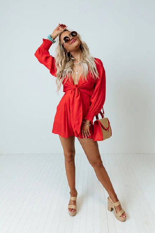 Cali Weekend Front Tie Romper In Scarlet