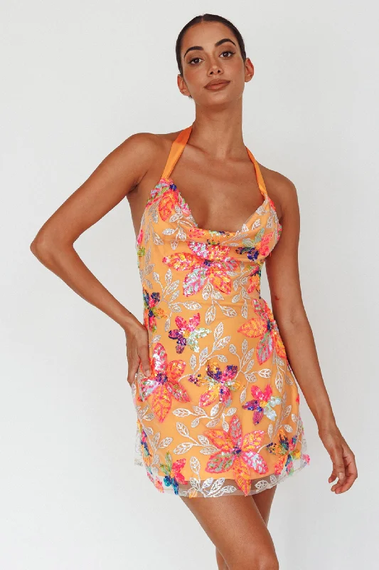 Champagne Showers Halterneck Slip Mini Dress Sequin Floral Orange