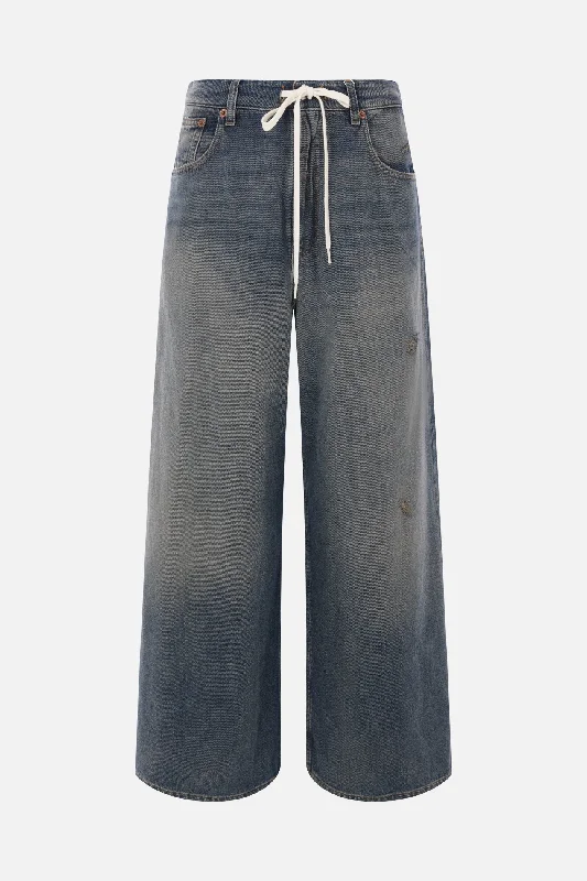 wide-leg denim jeans with drawstring