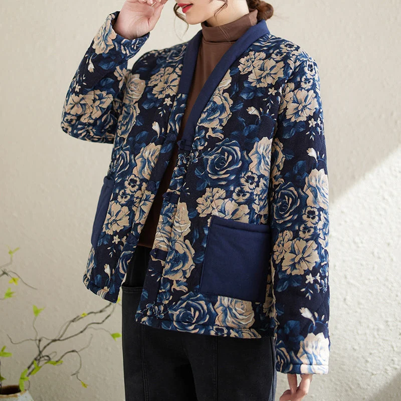 Babakud Women Winter Blue Printed Floral Quilted Cotton Jacket