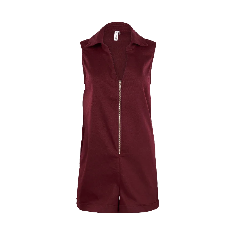 Maroon Collared Sleeveless Zipper Romper