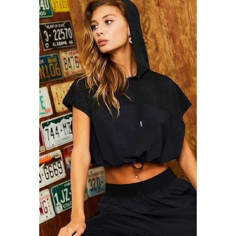 Hoodie Waist Adjustable Contrast Mesh Crop Top