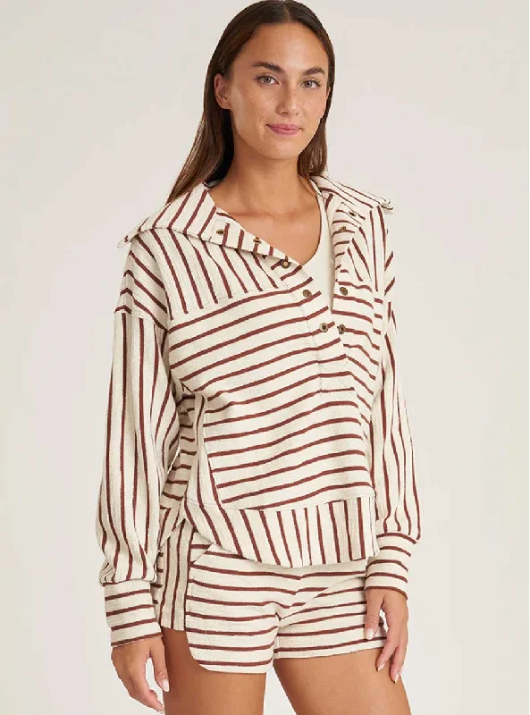 Thrive Société Women's Cloud Oversized Collar Pullover Shirt - Nutshell Stripe Brown