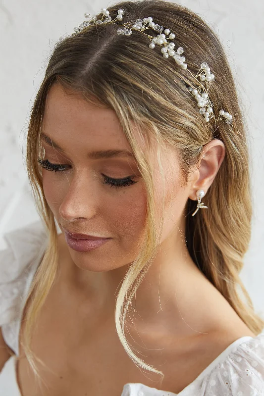 Enchanted Pearl & Crystal Wire Headband Gold