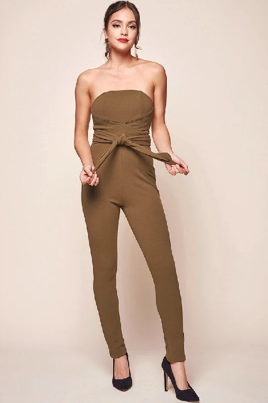 Payton Strapless Waist Tie Bodycon Jumpsuit Khaki