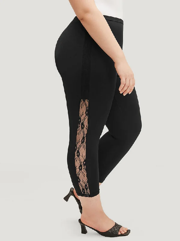 Solid Lace Insert Elastic Waist Skinny Leggings