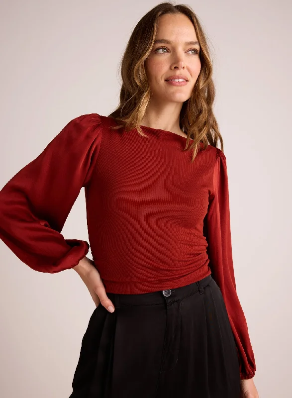 Ruched Waist Flowy Sleeve Top - Rustic Red