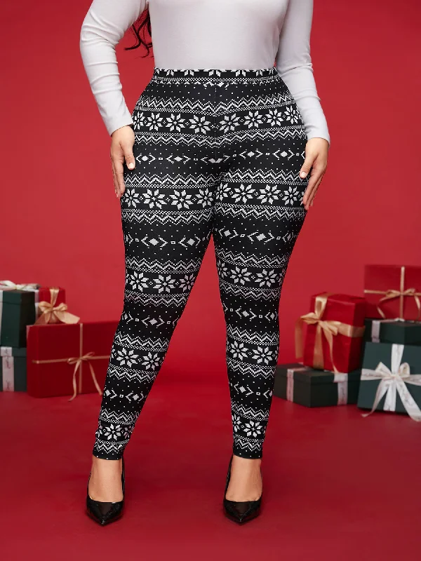 Snowflakes Printed High-Waist Stretchy Leggings