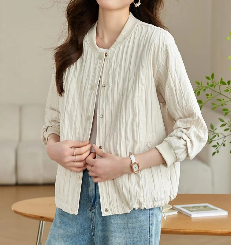 Women Button Up Stand Collar Crinkled Short Jackets