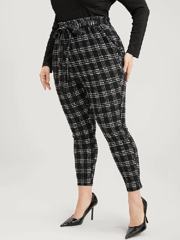 Plaid Paperbag Waist Belted Skinny Leggings