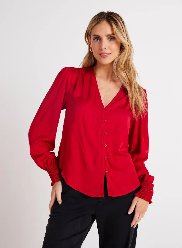 Smocked Cuff Button Down - Cherry Red