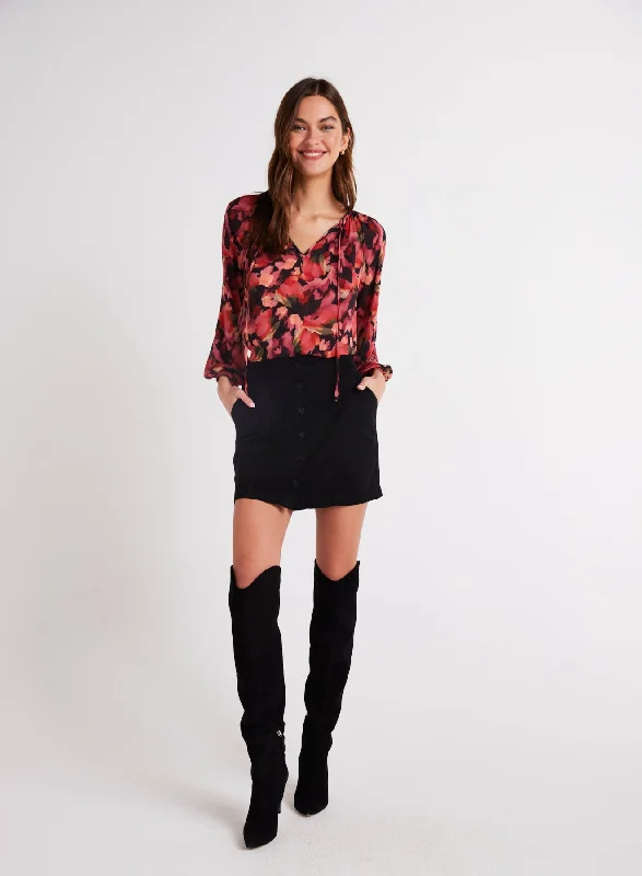 Shirred Raglan Tie Front Blouse - Autumn Bloom Print