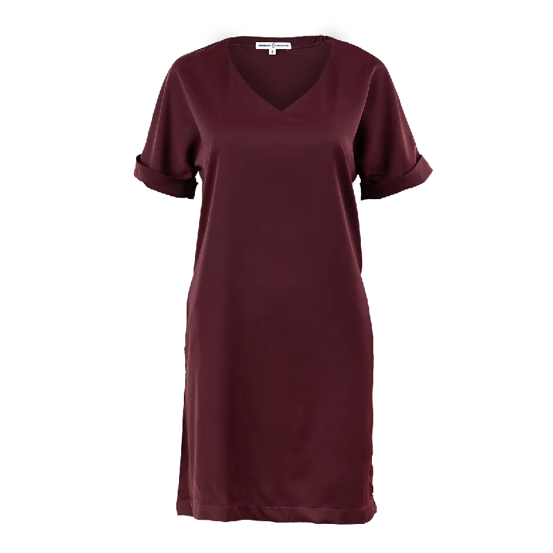 Maroon Rolled Sleeve V Neck Dress