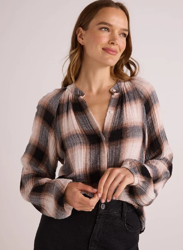 Long Sleeve Shirred Raglan Shirt - Winter Taupe Plaid