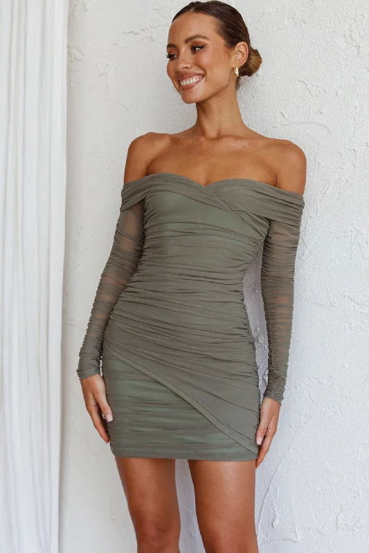 Moonrise Off-Shoulder Crossover Neckline Long Sleeve Ruched Dress Olive