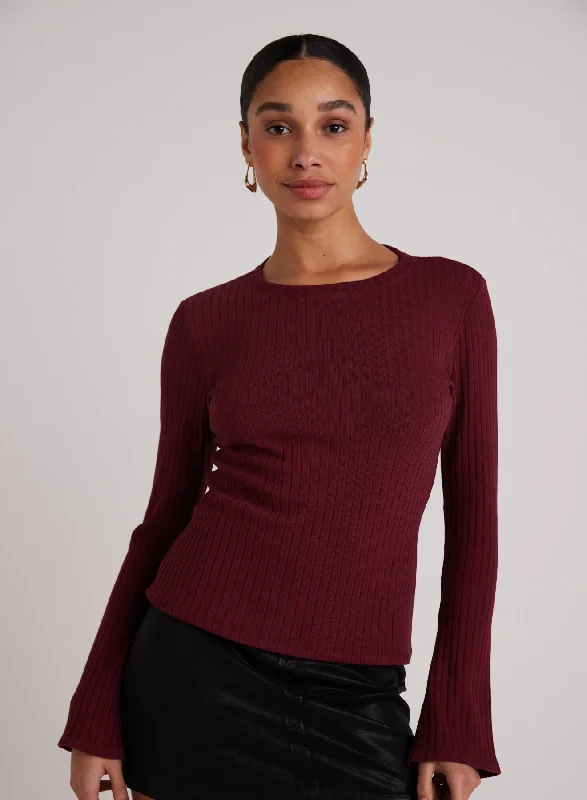 Long Bell Sleeve Rib Crew Tee - Sweet Merlot