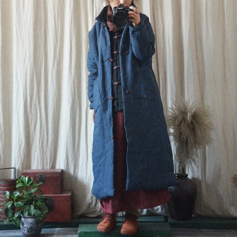 Women Retro Solid Color Mid-Length Autumn Loose Linen Overcoat